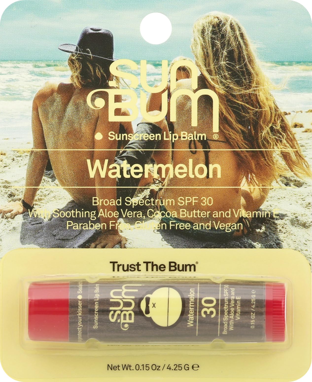 Sun Bum Broad Spectrum SPF 30 Watermelon Sunscreen Lip Balm for Outdoor Enthusiasts, Water-Resistant Protection, 0.15 Fl